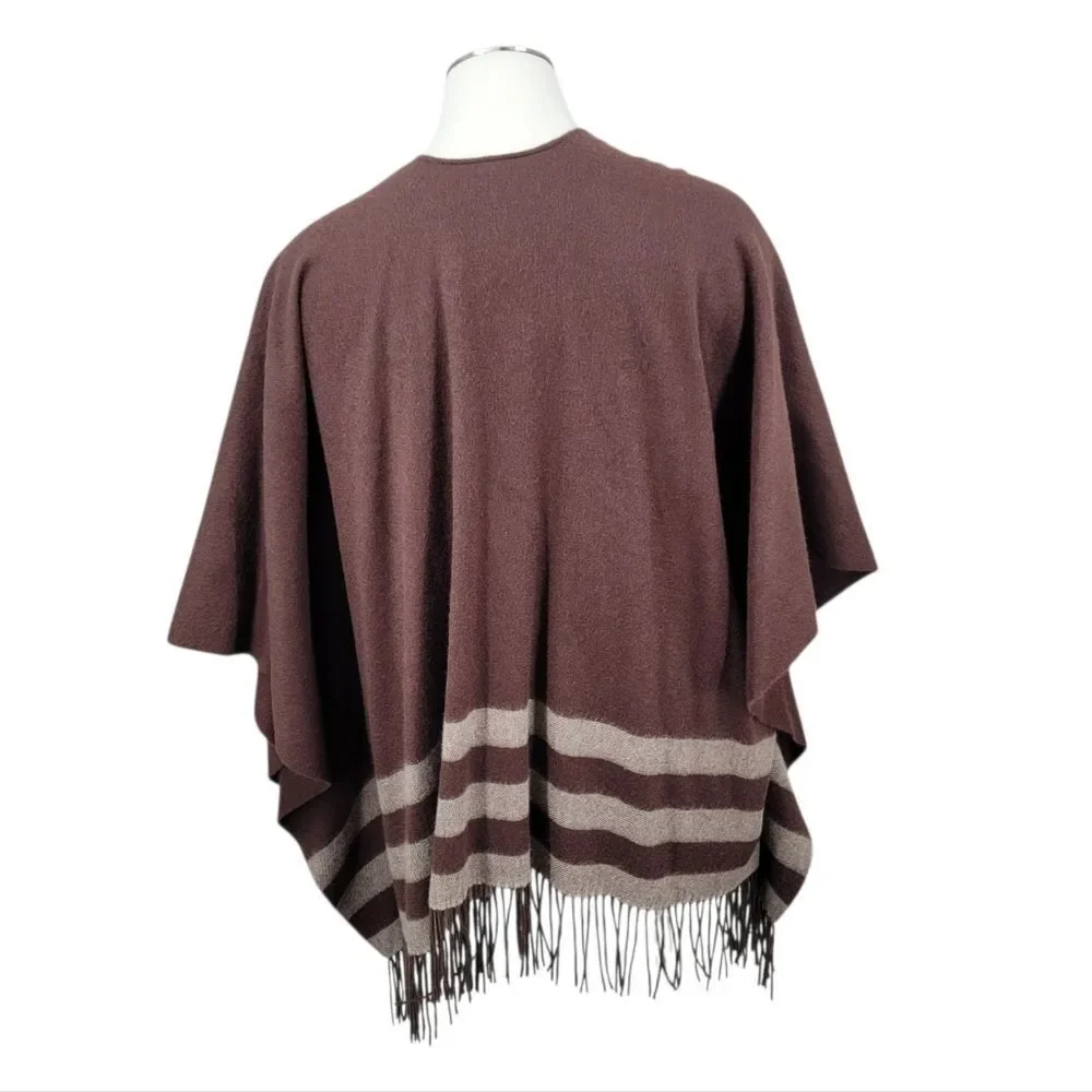 Wool Cashmere Brown Fringe Ruana Poncho with Stripes